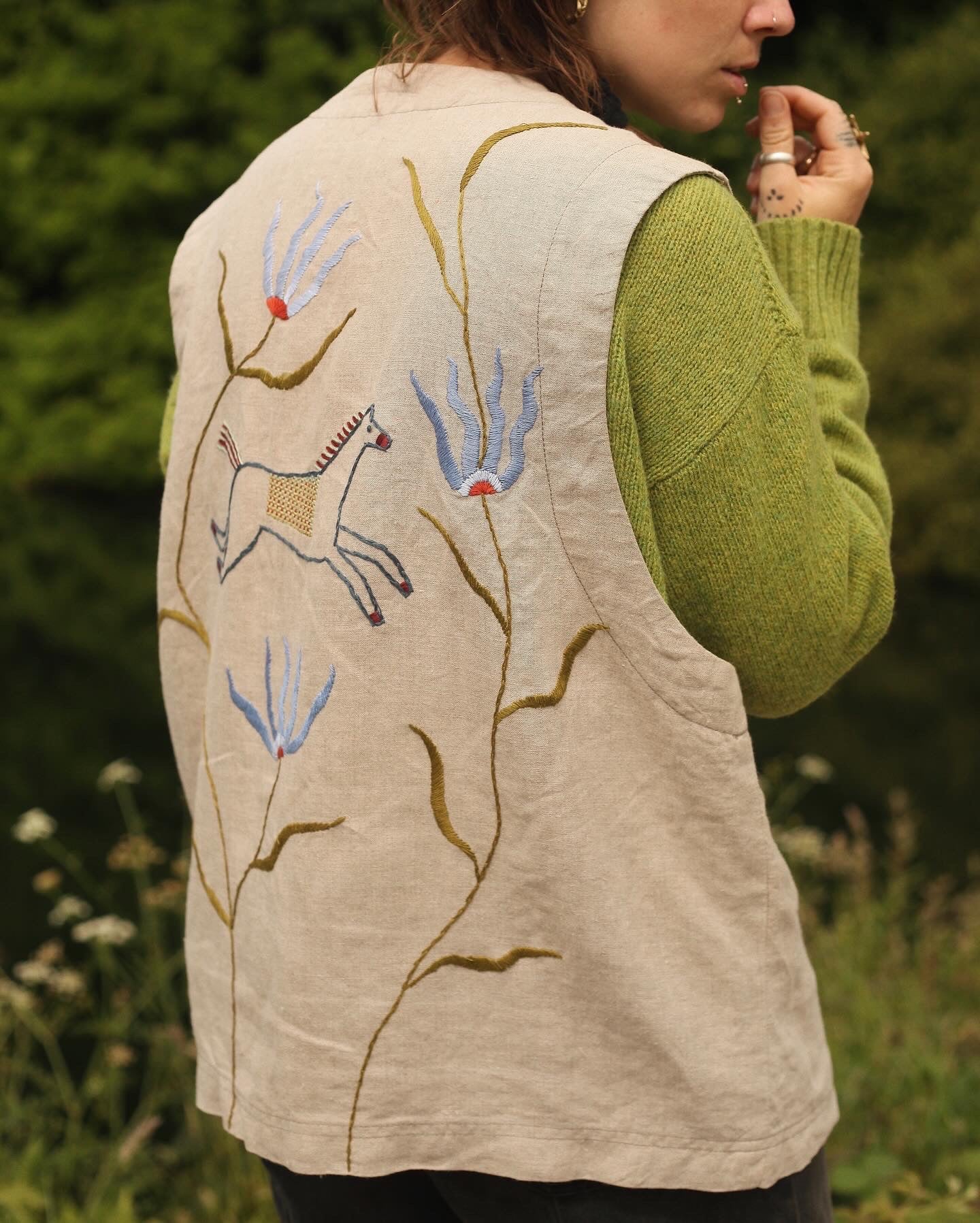 Hand Embroidered Linen Waistcoat - Folk Art