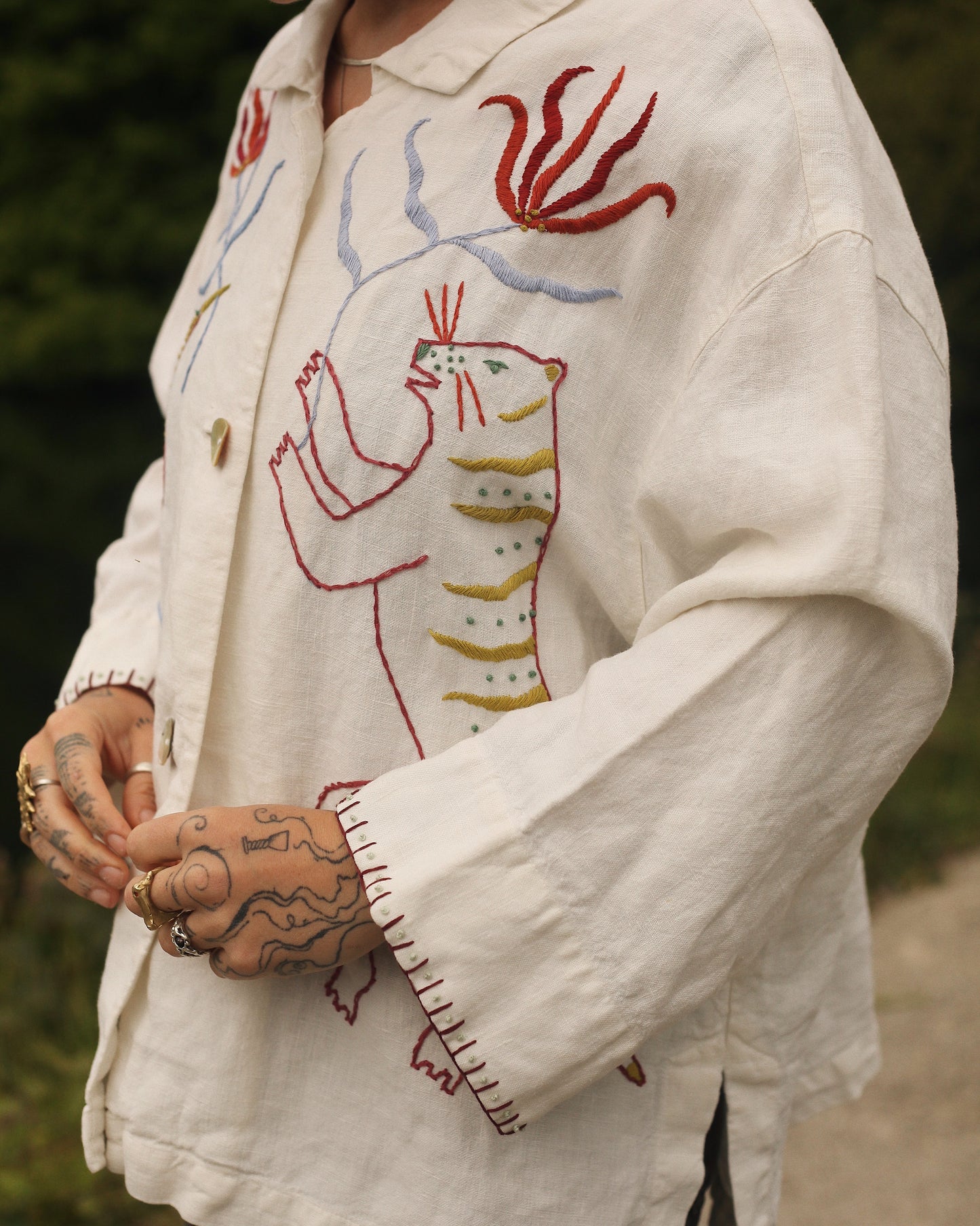 Hand Embroidered Tiger & Bird Linen Blouse