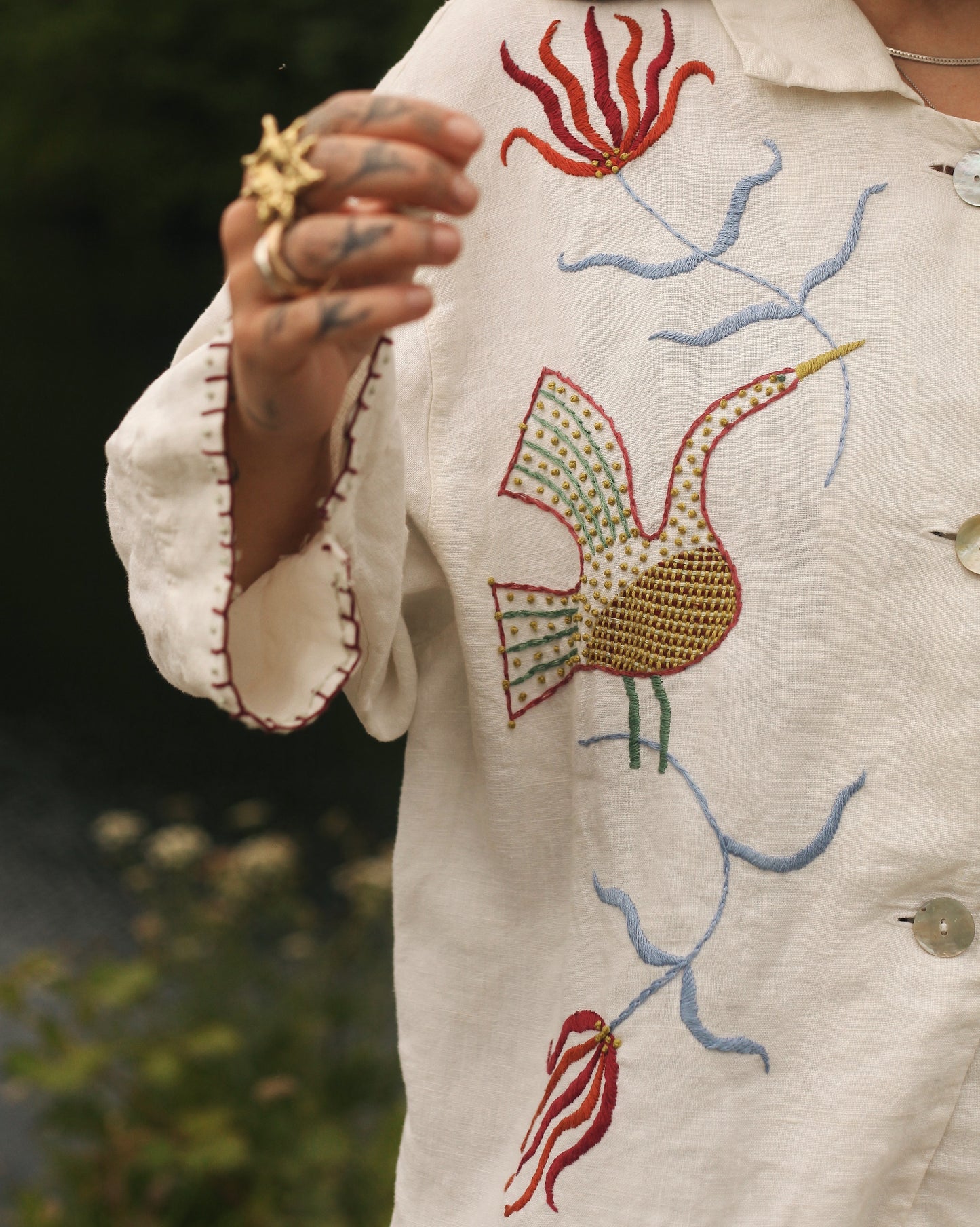 Hand Embroidered Tiger & Bird Linen Blouse