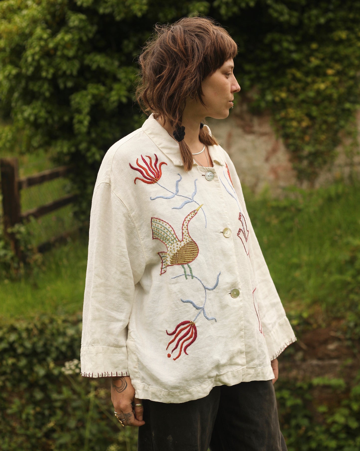 Hand Embroidered Tiger & Bird Linen Blouse