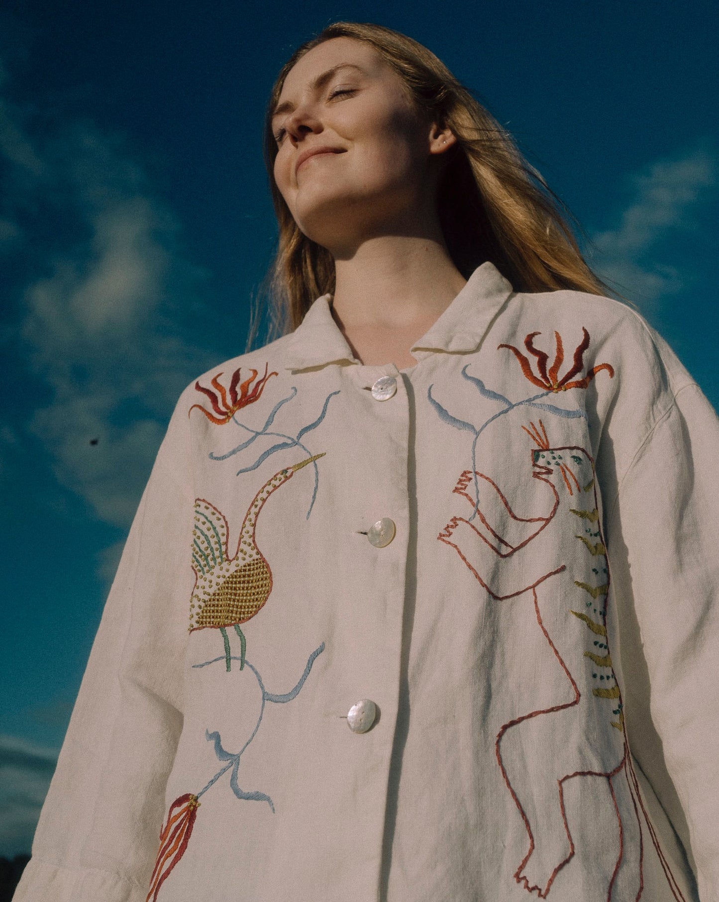 Hand Embroidered Tiger & Bird Linen Blouse